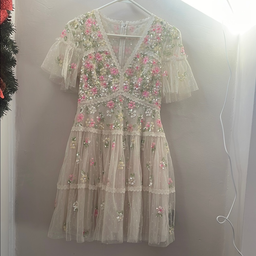 Cream and Pink A-line Dress with Flutter Sleeves for Wedding Guest